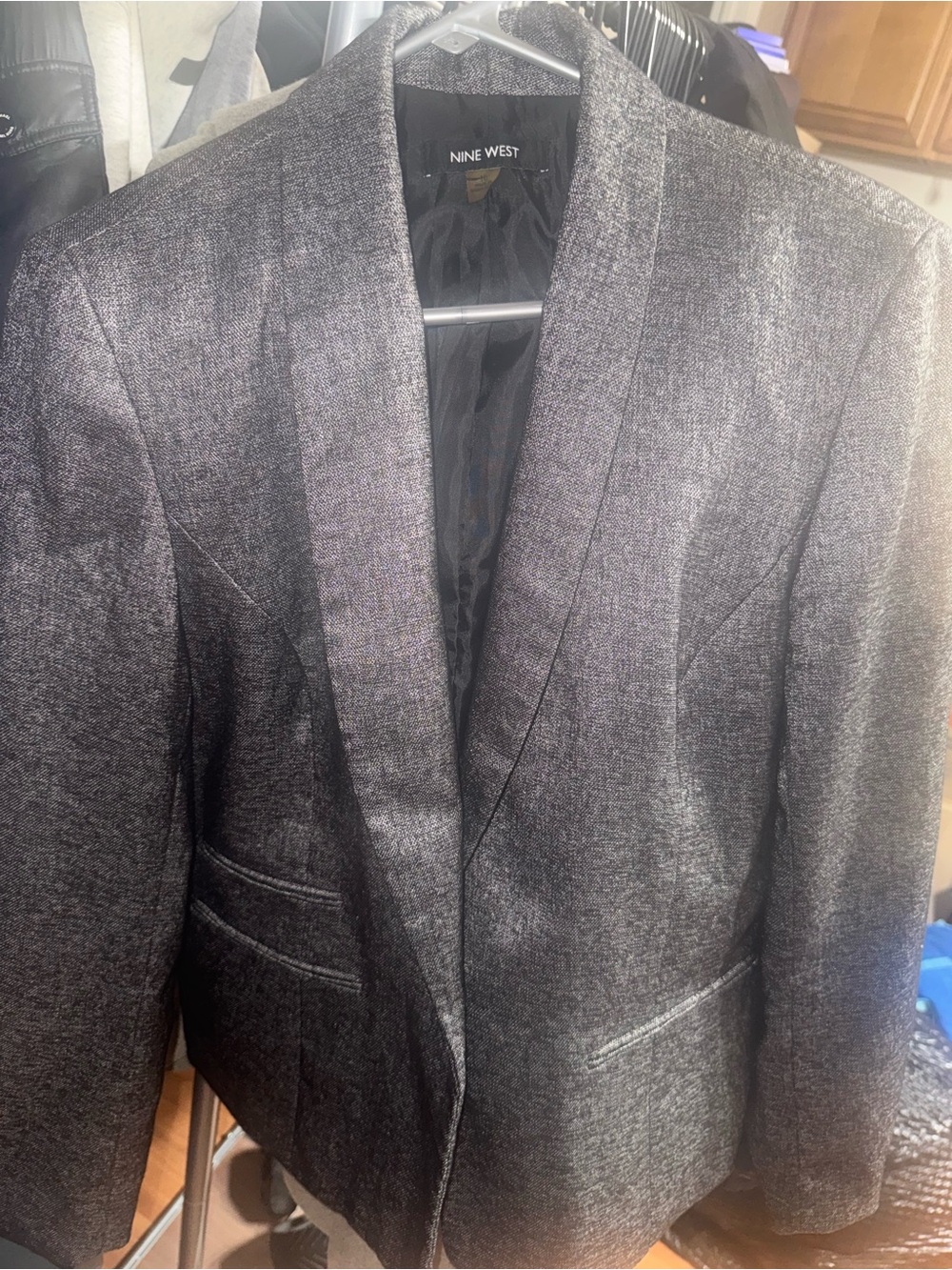 Nine West Metallic Charcoal Shawl Collar Blazer